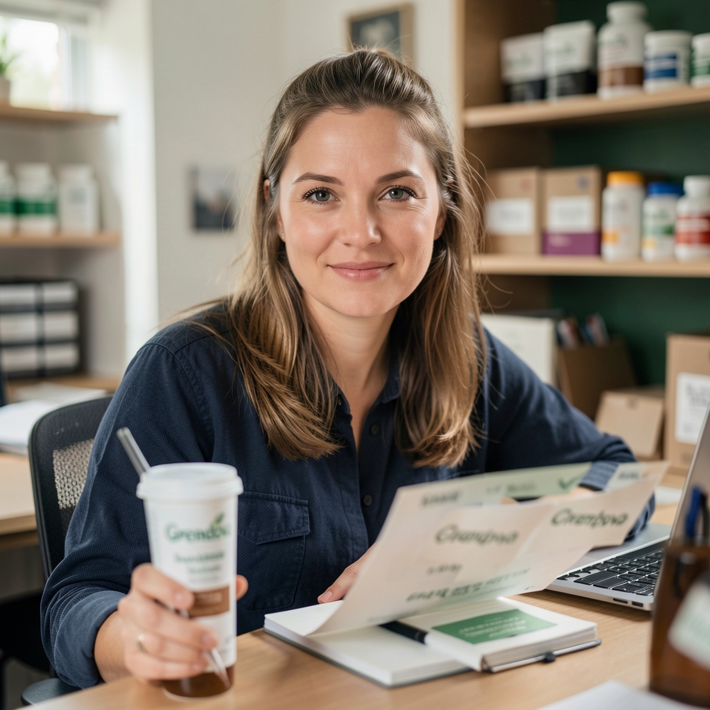Grendova supplement team workspace in Cardiff with product labels and notebooks