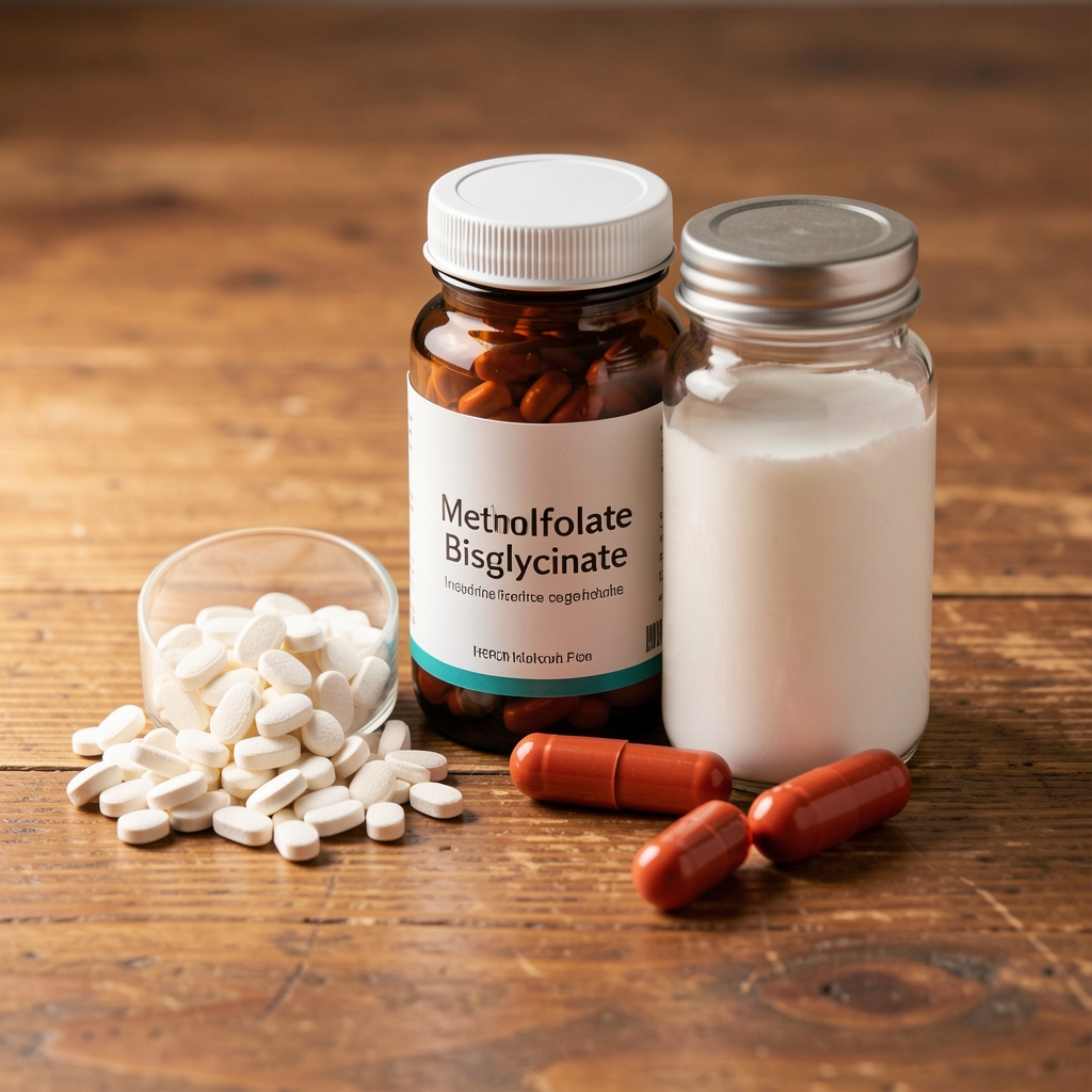 Methylfolate and iron bisglycinate ingredients displayed on a warm wooden table