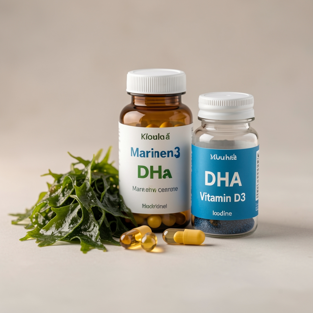 Marine algae DHA vitamin D3 and iodine ingredients arranged with capsule packaging