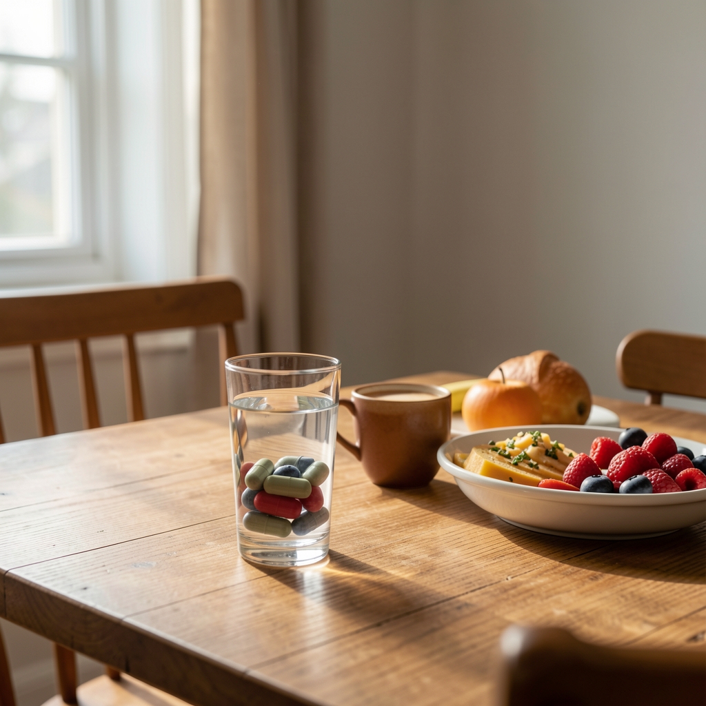 Morning routine with Prenatal Complete capsule pack glass of water and breakfast table